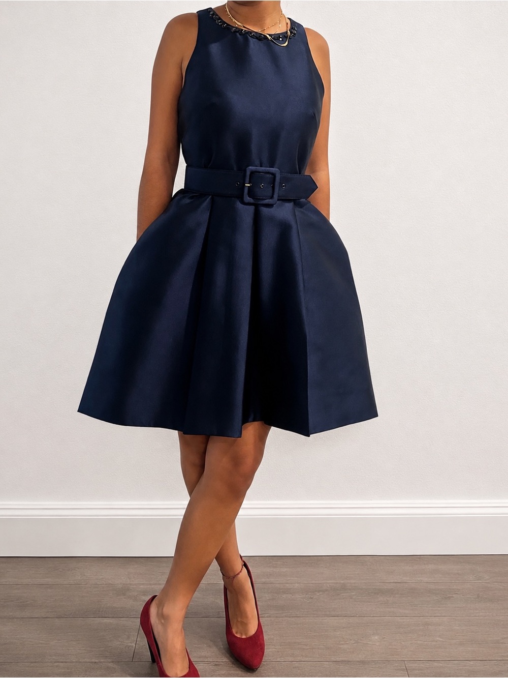 Taylor Navy Sleeveless Belted Mini Dress